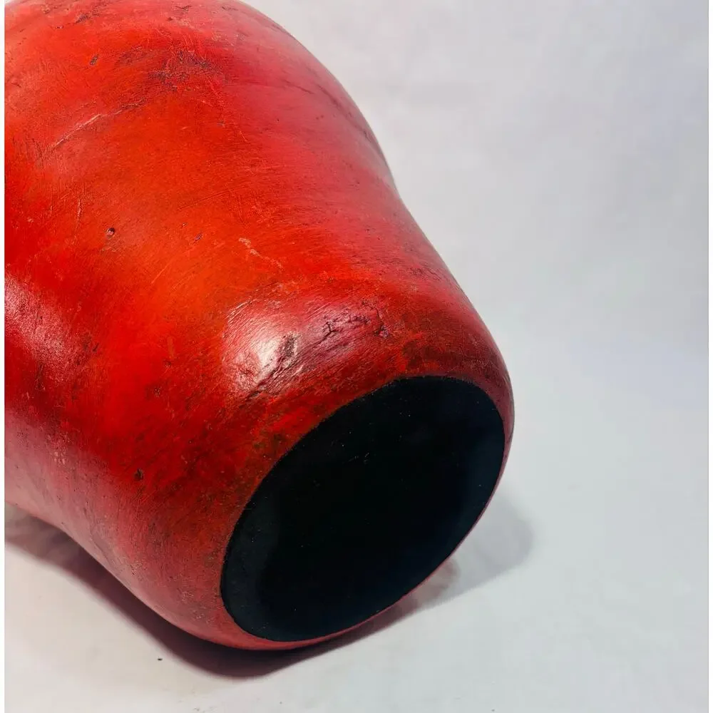 Large Red Wood Apple Hand turned Sculpture w/ Iron Leaf Distressed Finish